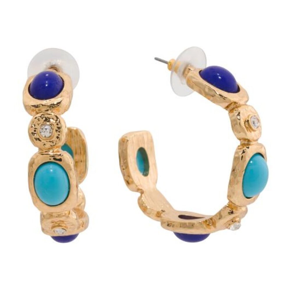 Kenneth Jay Lane Gold Hoop Earrings with Blue and Turquoise Cabochons